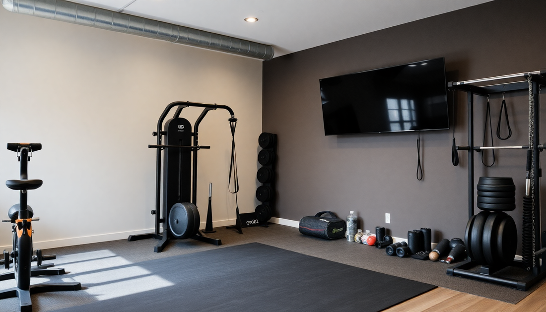 A home gym with essential fitness and sports equipment