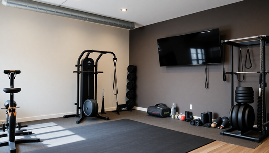 A home gym with essential fitness and sports equipment