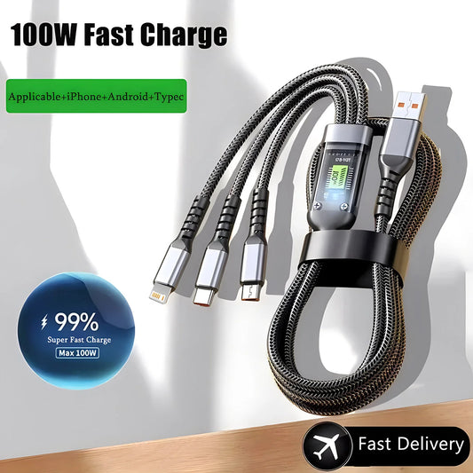 100W Fast Charging Cable Multi Charger Cable Nylon Braided Multiple USB Universal 3 in 1 Charging Cord Adapter with Type-C Micro - Merit Sell