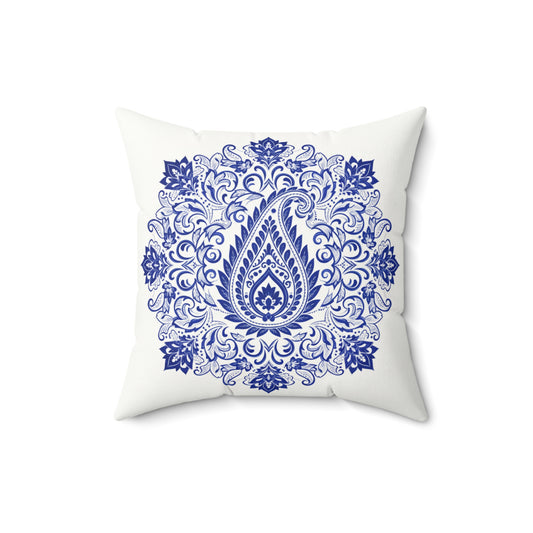 Blue Paisley Mandala Faux Suede Pillow Decorative Square Throw Pillow