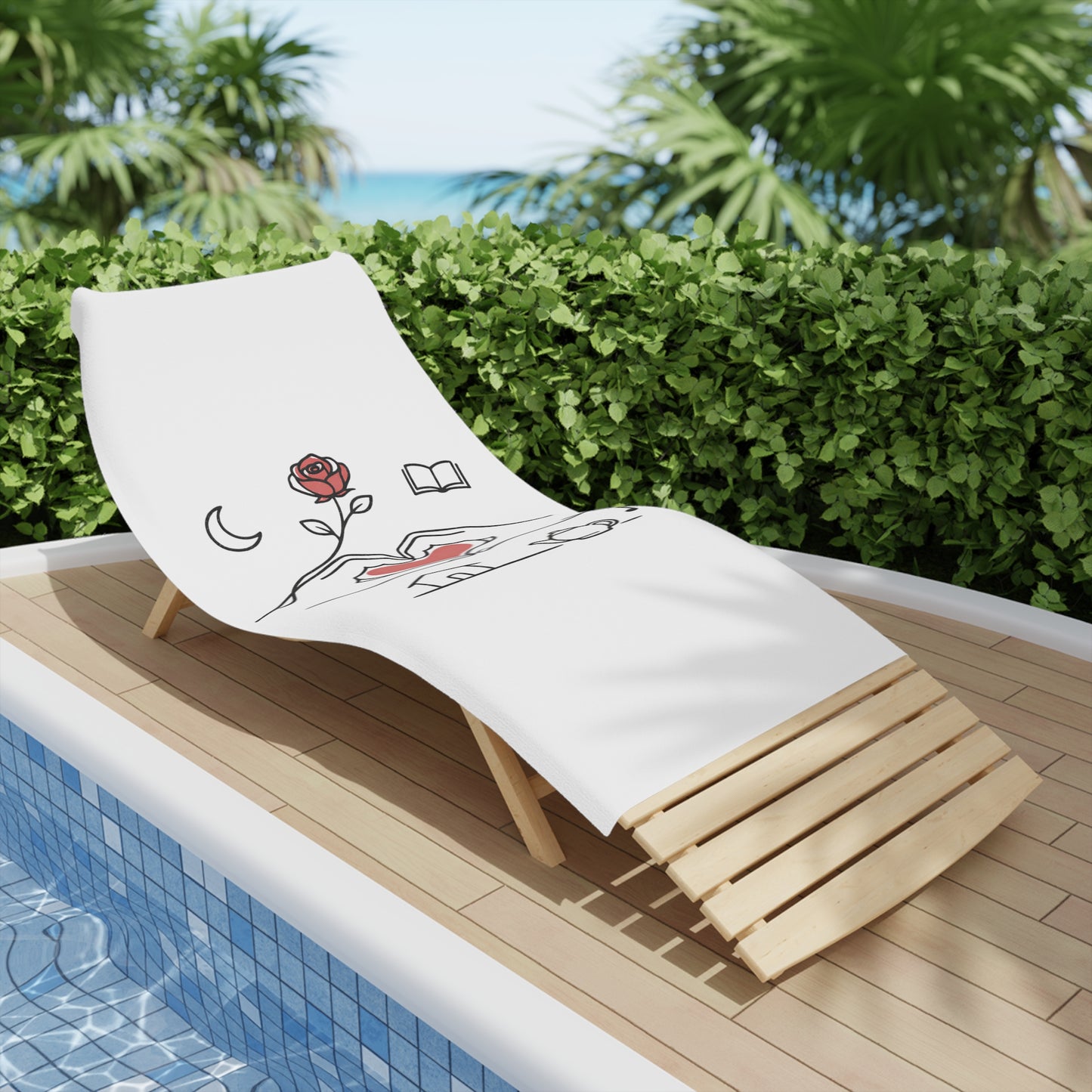 Beach Towel — Heart Hands Rose Design (Moon, Book, Tea, Home Icons)