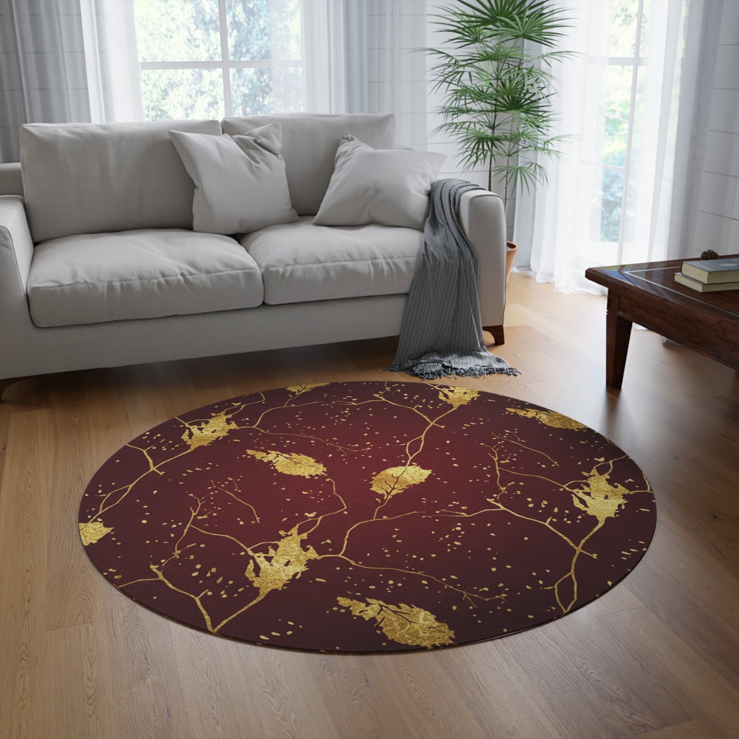 Gold Leaf Burgundy Round Rug — Elegant Boho Living Room Accent