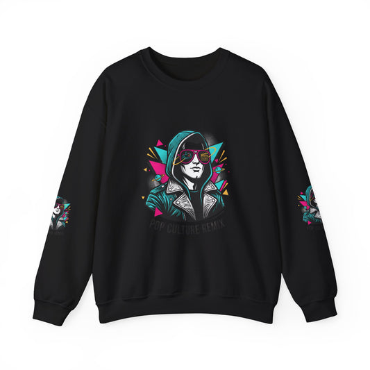 Pop Culture Remix Crewneck Sweatshirt — Retro Neon Hoodie Graphic