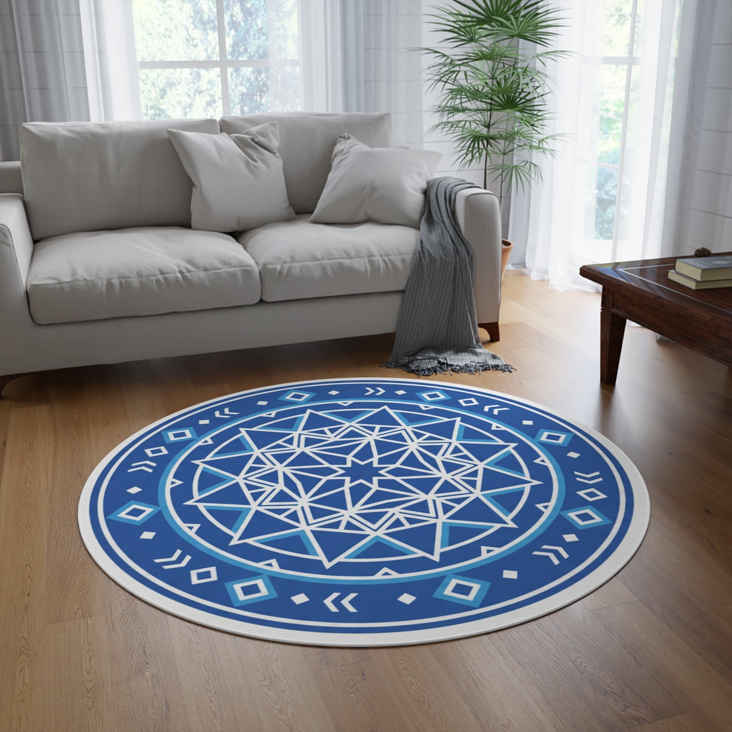 Blue Mandala Round Rug — Geometric Boho Accent Floor Mat