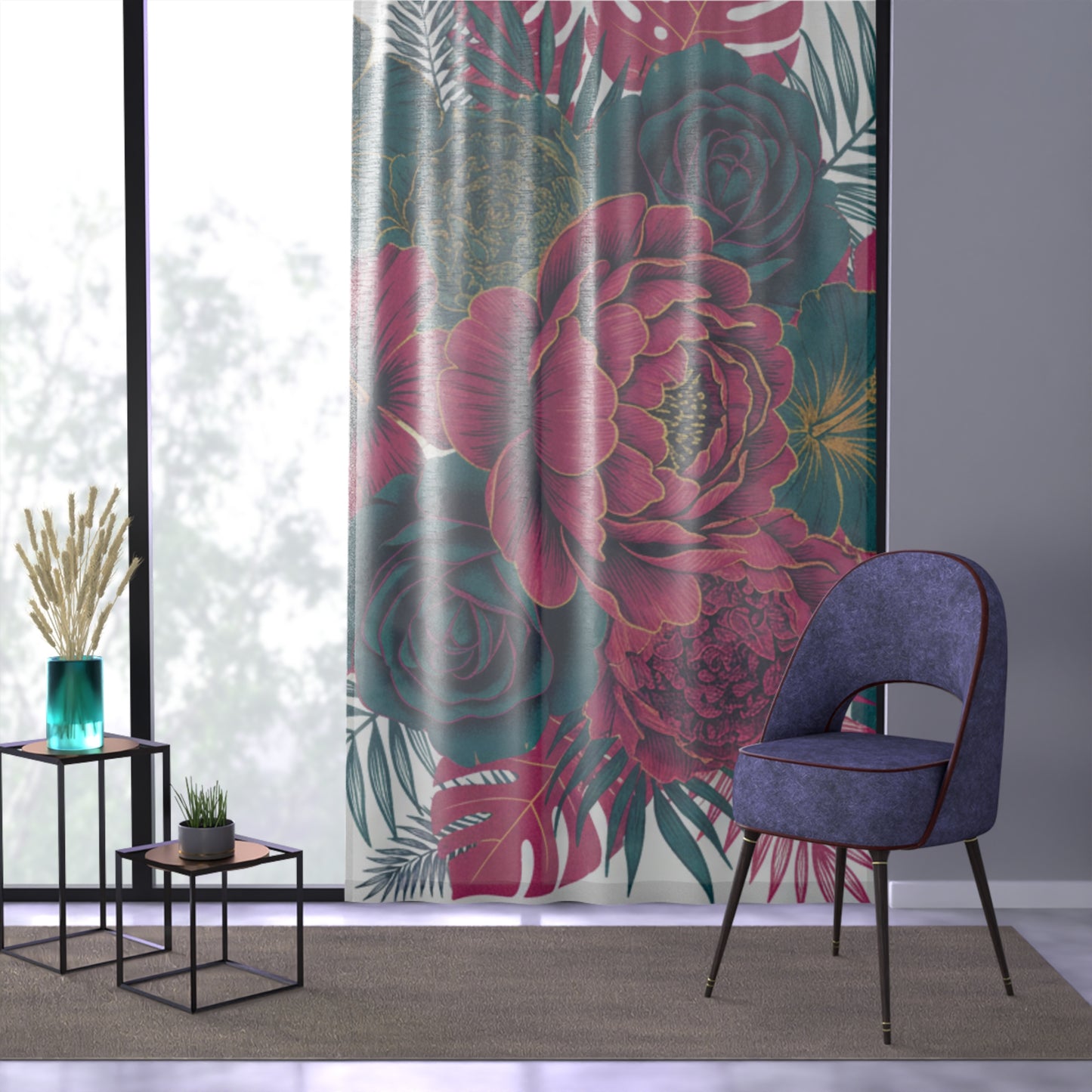 Floral Peony Sheer Window Curtain — Pink & Teal Tropical Botanical Drapery