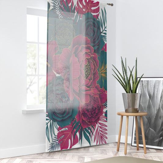 Floral Peony Sheer Window Curtain — Pink & Teal Tropical Botanical Drapery