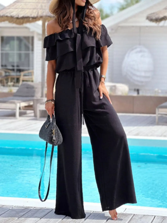 Off-Shoulder Ruffled Wide Leg Jumpsuit - Merit Sell