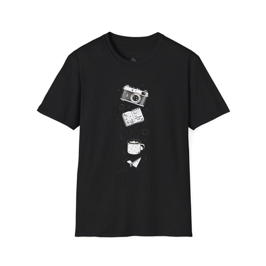 Photography & Coffee Graphic Tee — Camera, Notebook, Coffee Cup Design