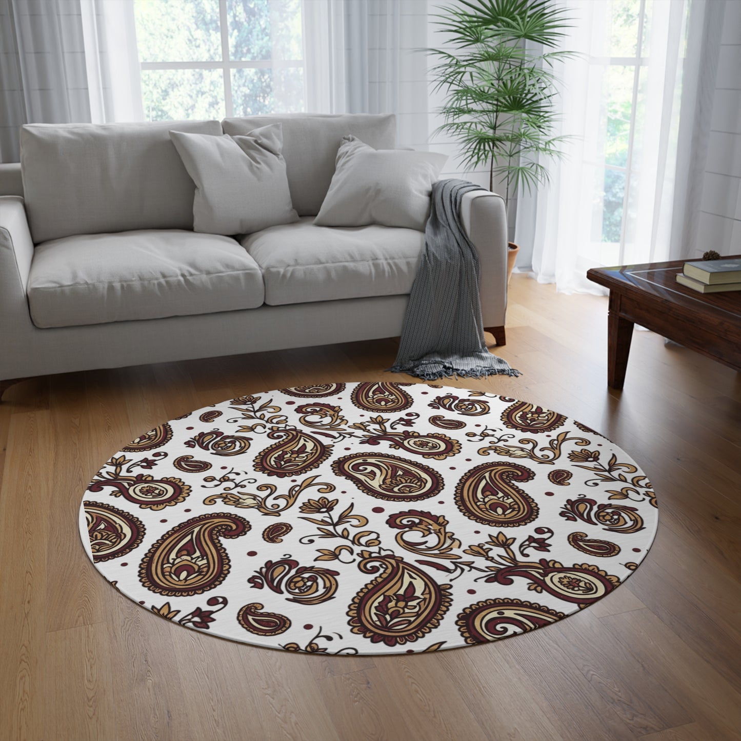 Round Paisley Accent Rug — Boho Brown Floral Round Rug for Living Room, Entryway, or Bedroom