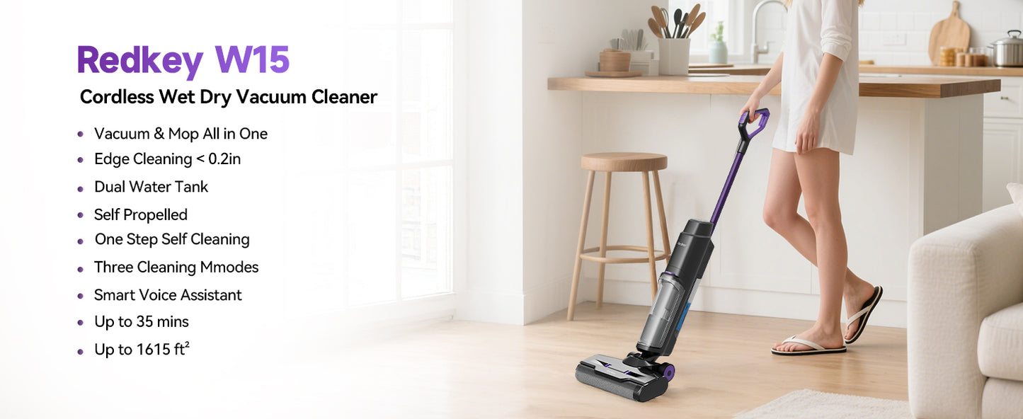 Redkey W15 Cordless Wet Dry Vacuum Cleaner 3 in1 , Self-Washing Self Propelled, 0.2in Edge Cleaning, Powerful Suction