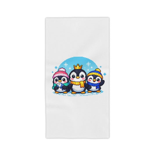 Cute Penguin Family Beach Towel Winter Crown & Hat Cartoon Design
