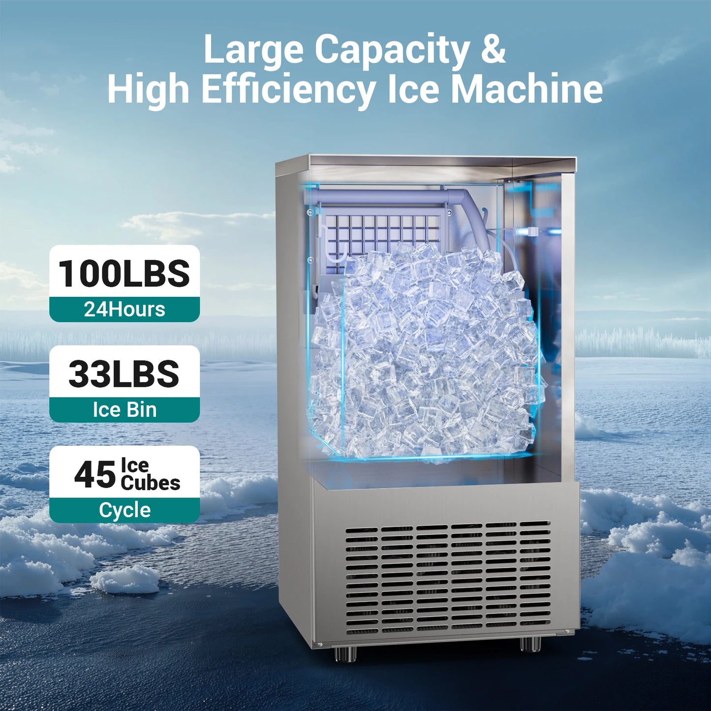 Commercial Ice Maker Machine, Stainless Steel Under Counter ice Machine with 35lbs Ice Storage Capacity, Bar Ice Maker Machine