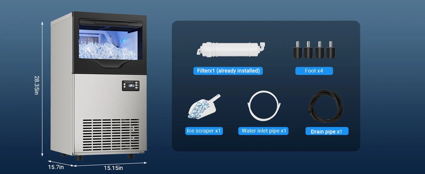 Commercial Ice Maker Machine, Stainless Steel Under Counter ice Machine with 35lbs Ice Storage Capacity, Bar Ice Maker Machine
