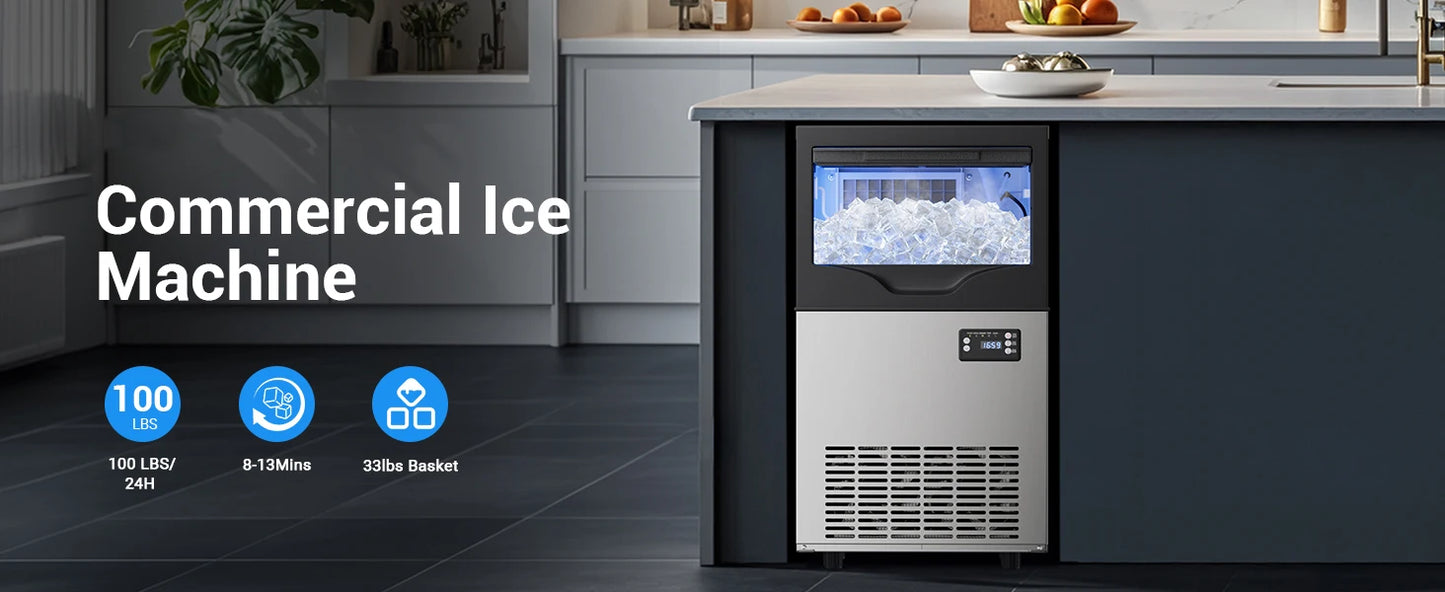 Commercial Ice Maker Machine, Stainless Steel Under Counter ice Machine with 35lbs Ice Storage Capacity, Bar Ice Maker Machine