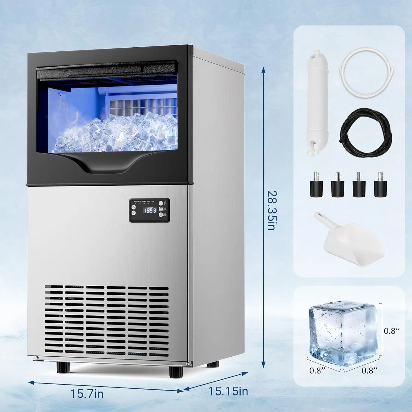 Commercial Ice Maker Machine, Stainless Steel Under Counter ice Machine with 35lbs Ice Storage Capacity, Bar Ice Maker Machine