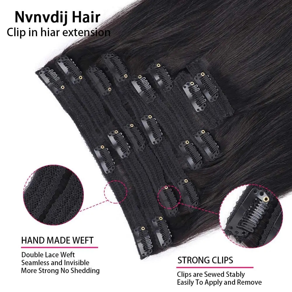 Straight Clip in Hair Extensions Real Human Hair 8Pcs Remy Human Hair Clip Natural Soft Human Hair 120g #1B Natural Black