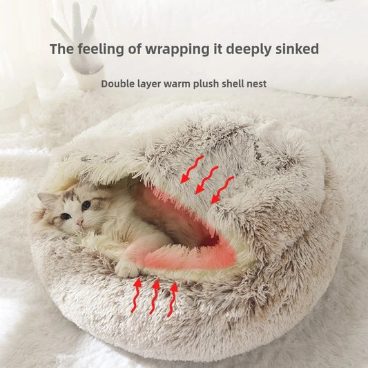 Autumn and Winter soft plush pet bed and pet bed Winter warm and cold plush comforter nest Shell cat nest semi-enclosed cat nest - Merit Sell