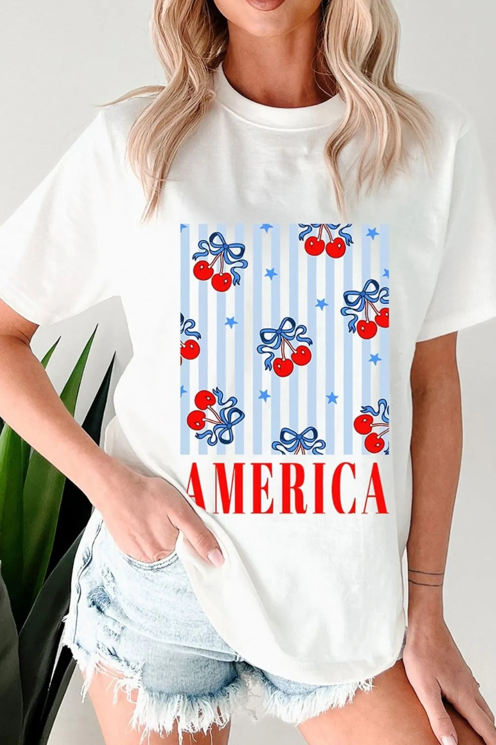 Bow Cherry AMERICA Graphic Crewneck Patriotic T Shirt - Merit Sell