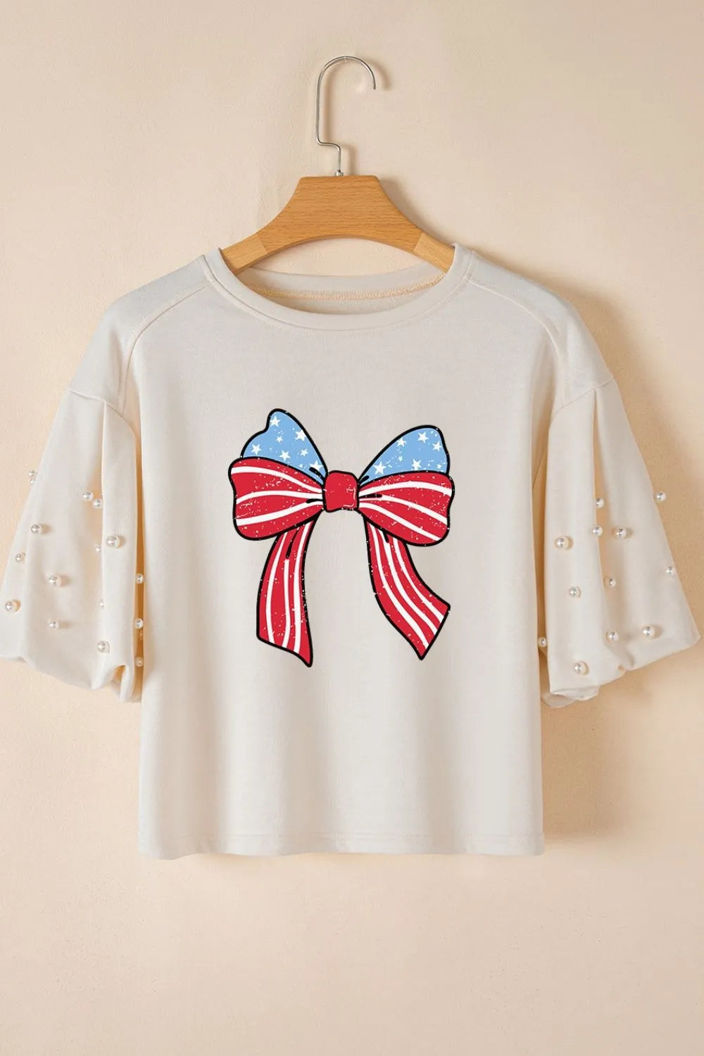 Bowknot Graphic Pearl Puff Half Sleeve T Shirt - Merit Sell