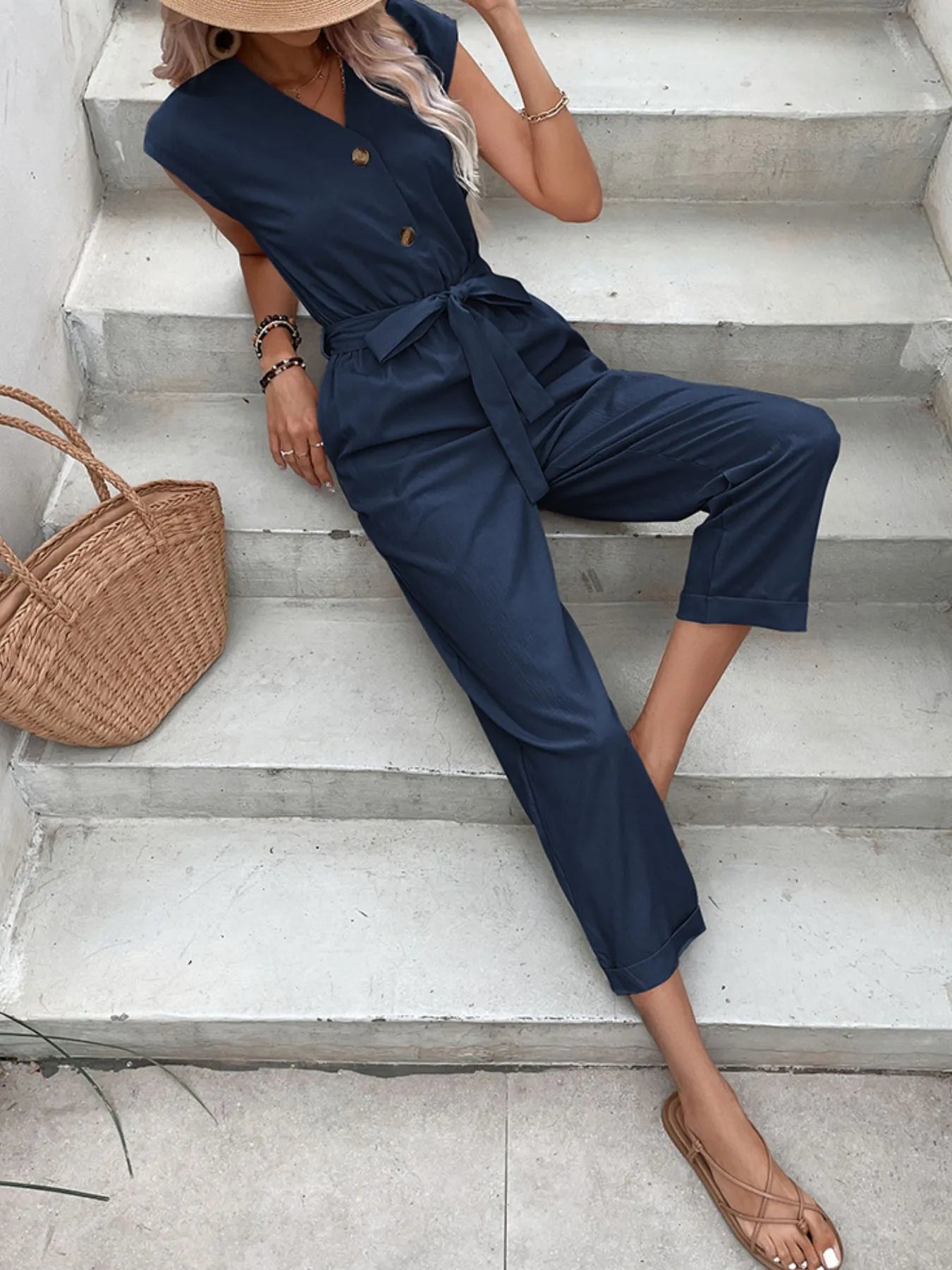 Button-Front Tie Waist Jumpsuit - Merit Sell