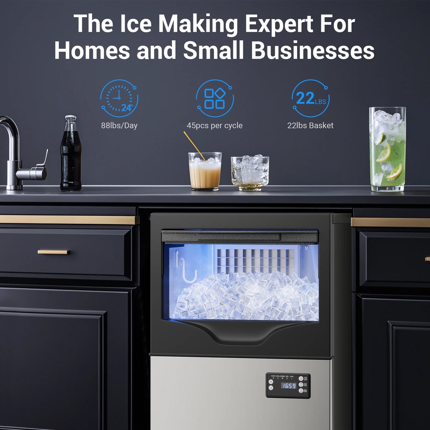 Commercial Ice Maker Machine, Stainless Steel Under Counter ice Machine with 35lbs Ice Storage Capacity, Bar Ice Maker Machine - Merit Sell