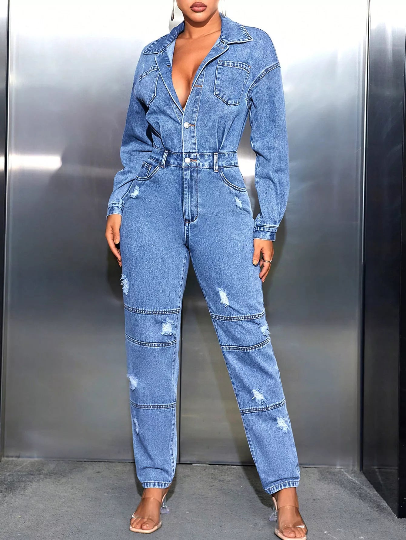 Distressed Long Sleeve Denim Jumpsuit - Merit Sell