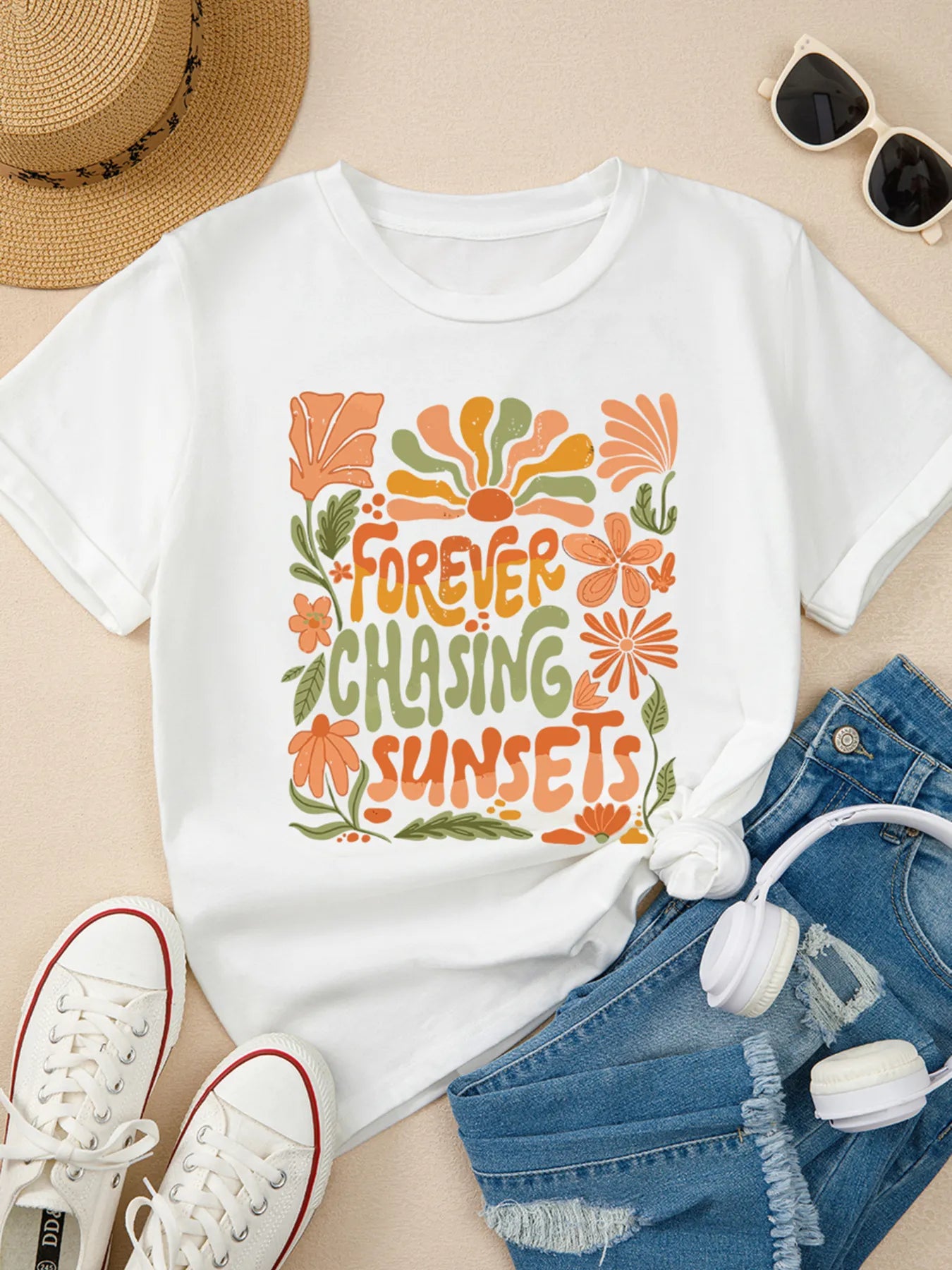 FOREVER CHASING SUNSETS Round Neck T Shirt - Merit Sell