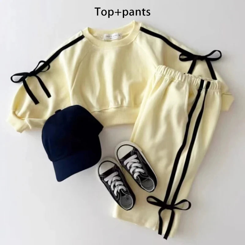 Girls Korean version Spring New Long Sleeve Clothes Set Baby Girls Bow patchwork pure cotton Casual 2pcs Suit Kids Sports Outfit - Merit Sell