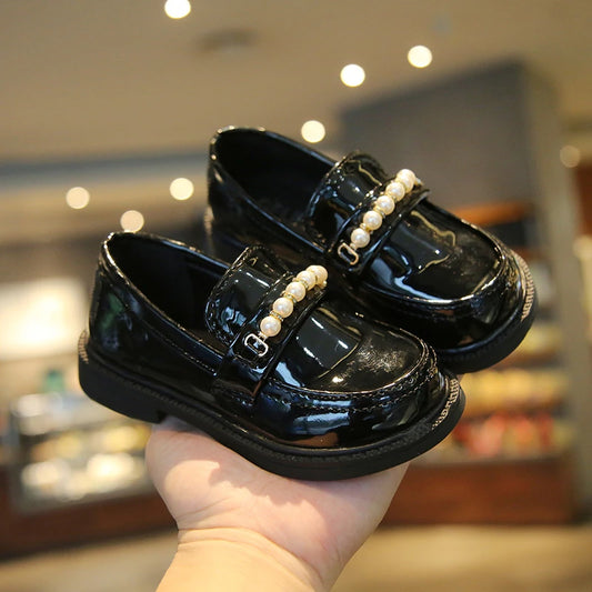 Girls Leather Shoes for School Party Wedding Kids Black Loafers Slip-on Children Flats Fashion British Style Pearls Beading New - Merit Sell