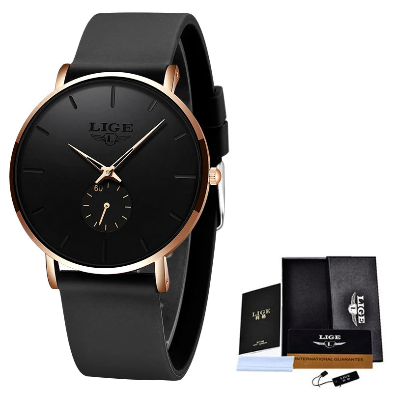 LIGE Fashion Simple Men Watch Silicone Strap 30M Waterproof Quartz Wrist Watch for Men Ultrathin Black Dial Watches reloj hombre