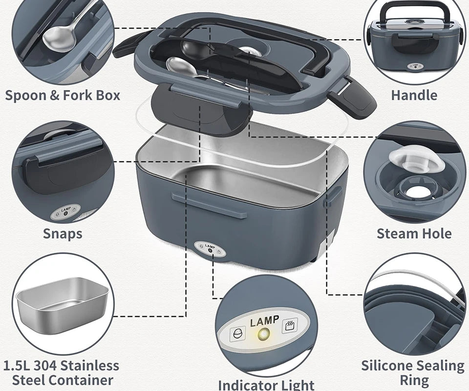 2025 Newest Black Electric Lunch Box Fast Heating Leakproof Design Stainless Steel Plastic for Household Car Use for Outdoor