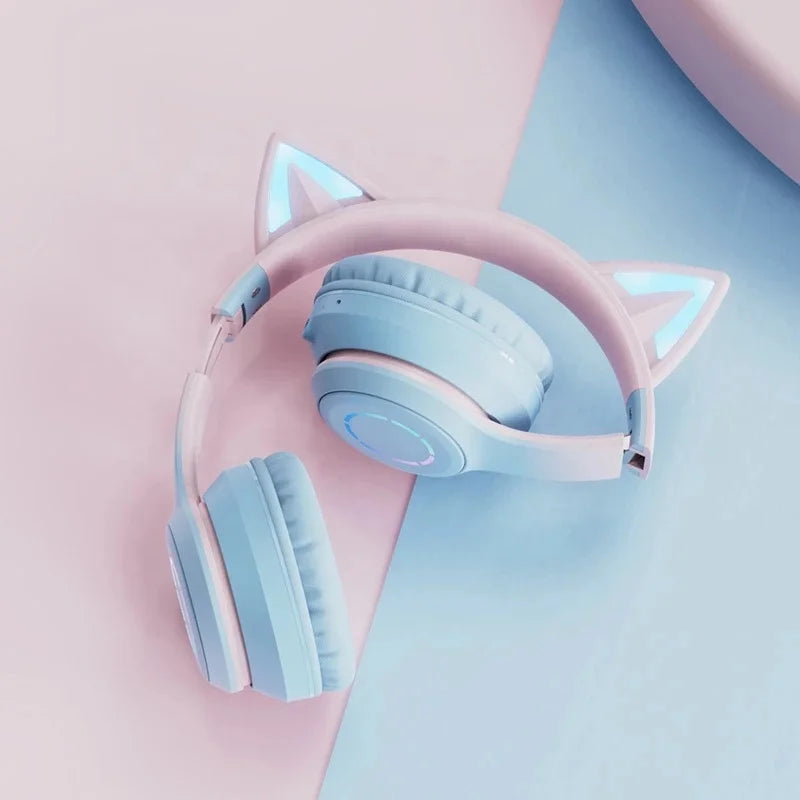 Luminous Led Light Gradient Cute Cat Ears BT029C Headband Wireless Headphone Foldable Gaming Headset Headphones With Microphone