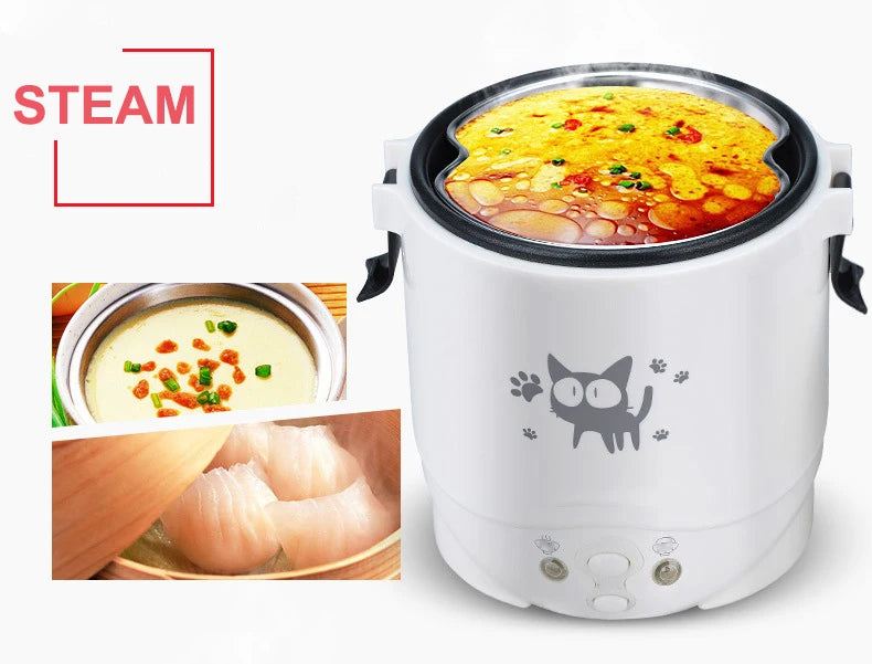 1L Car Mini Rice Cooker Multi-function Electric Water Food Heater Machine Lunch Box Warmer 2 Persons For Home Car SUV Truck