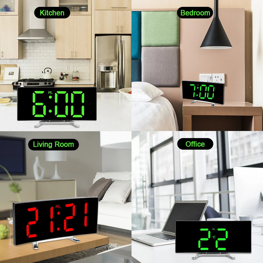 Curved Dimmable Mirror Clock Home Decors For Kids Bedroom 7 Inch Large Number Table Clock LED Screen Digital Alarm Clock