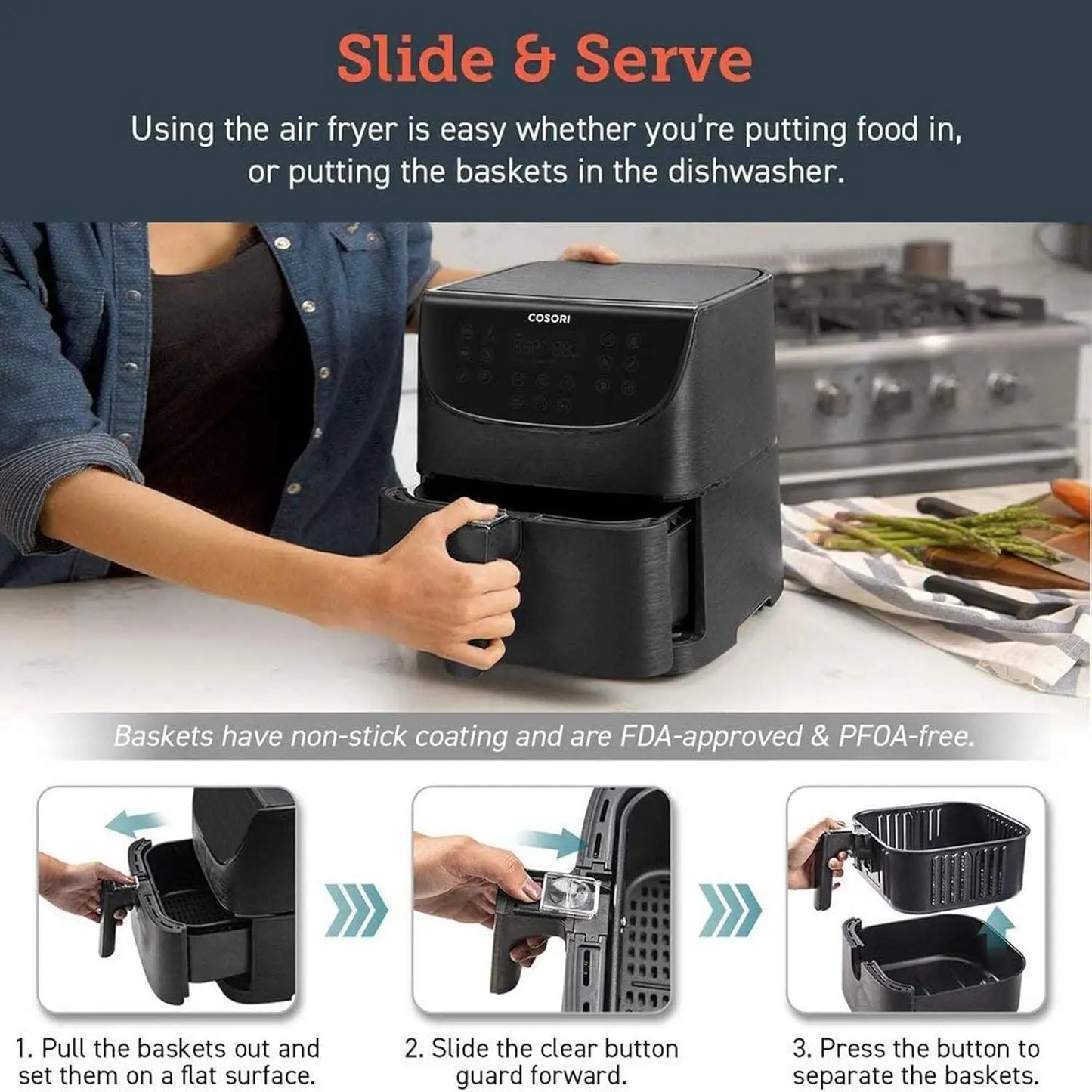 Cosori CS158-AF-RXB Hot Air Fryer 5.5l 1700W App Controllable, Non-Stick Coating,Oil Free, with Display (940910743981)