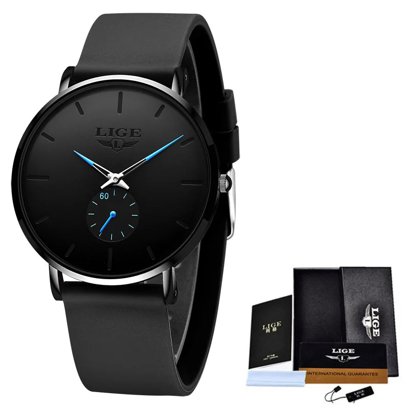 LIGE Fashion Simple Men Watch Silicone Strap 30M Waterproof Quartz Wrist Watch for Men Ultrathin Black Dial Watches reloj hombre