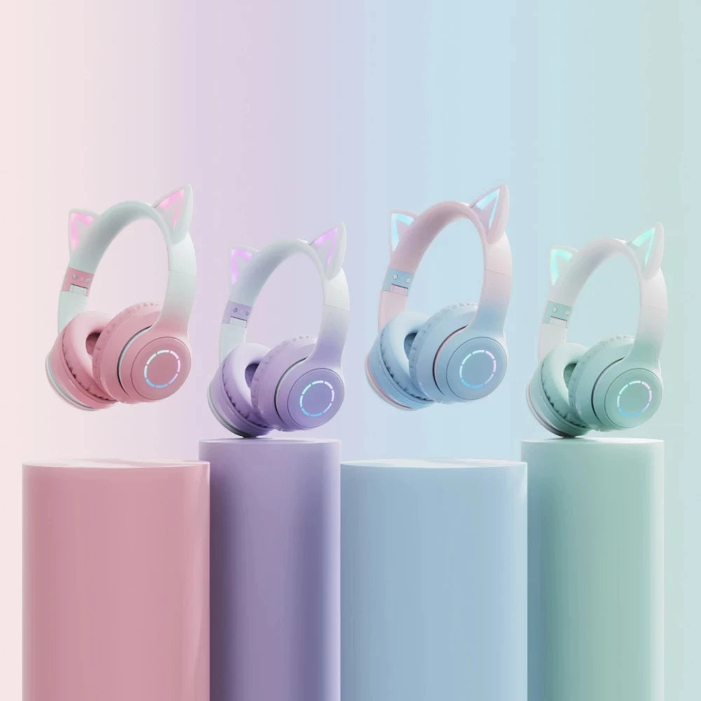Luminous Led Light Gradient Cute Cat Ears BT029C Headband Wireless Headphone Foldable Gaming Headset Headphones With Microphone