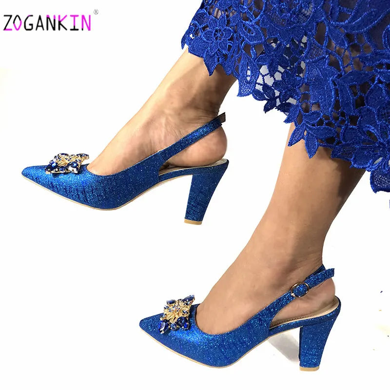 Royal Blue Nigerian Wedding Shoes Fashion Elegant African Women Pointed Toe Sandals with Stone High Heels Summer Women Pumps