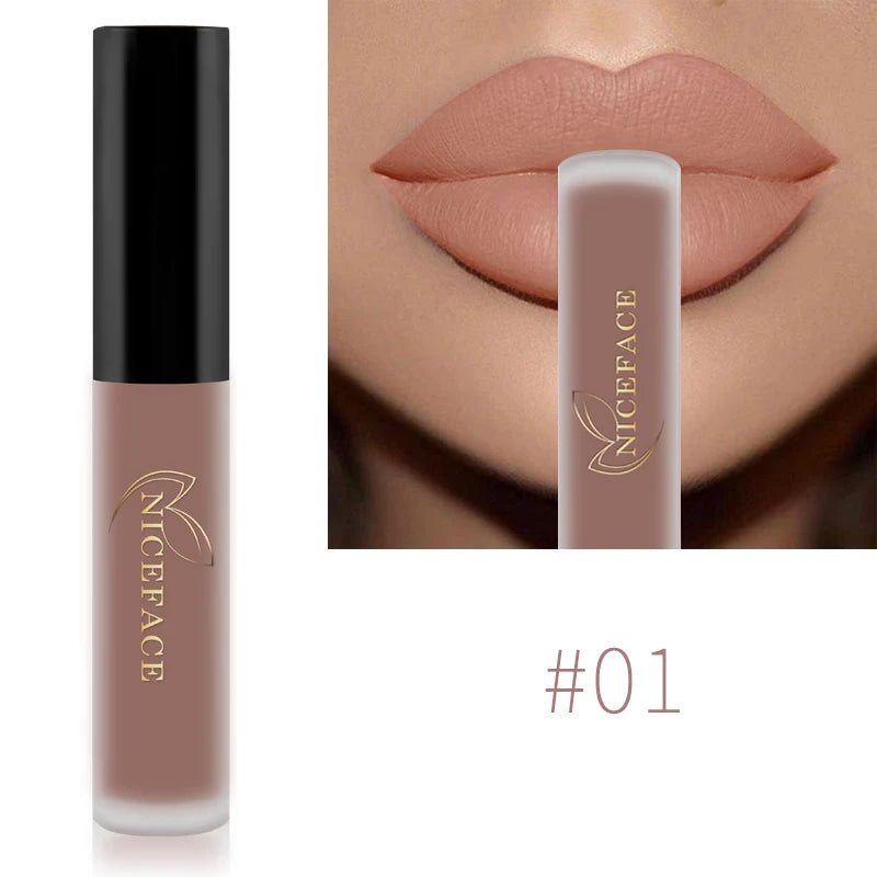 NICEFACE Lip Gloss Waterproof Matte Liquid Lipstick Long Lasting Velvet Lipgloss Tint Tube Nude Pigment Lip Makeup Cosmetics