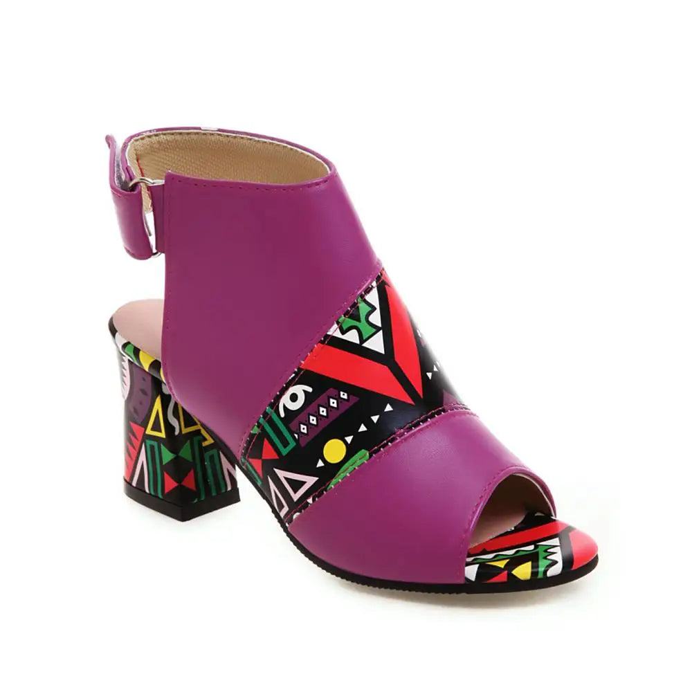 Women Stylish Print Sandals Boots Peep Toe Buckle Strap Summer High Heel Gladiator Shoes Woman Yellow Green sandalias mujer 2025
