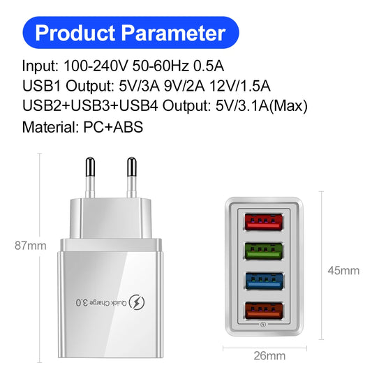 3A USB Charger 4 Port USB Quick Charge 3.0 EU US Plug Mobile Phone Charger Wall Adapter Portable Fast Charging For iPhone 16 Pro - Merit Sell