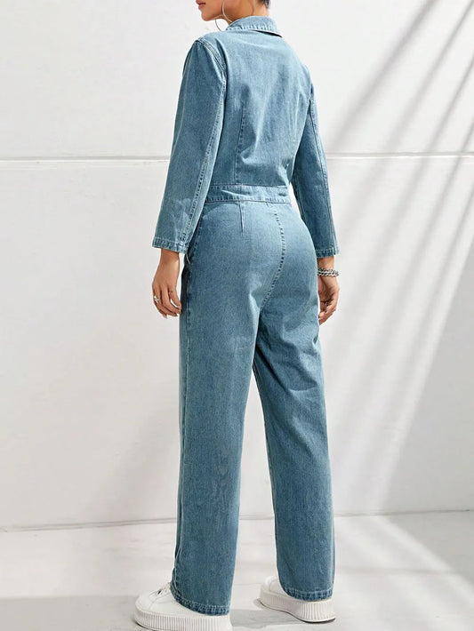 Half Button Long Sleeve Straight Leg Denim Jumpsuit - Merit Sell