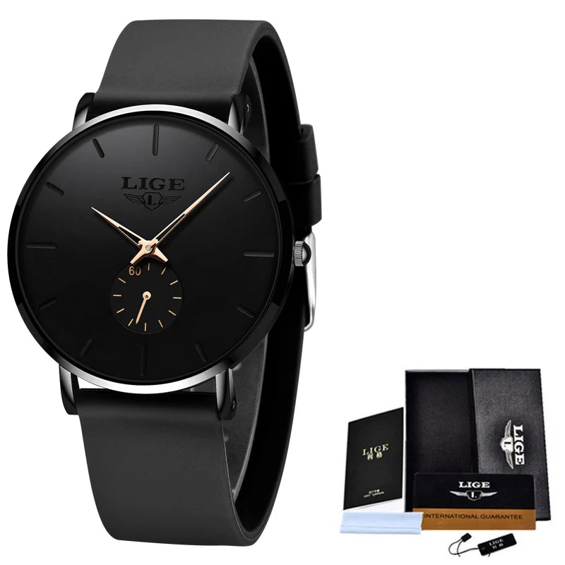 LIGE Fashion Simple Men Watch Silicone Strap 30M Waterproof Quartz Wrist Watch for Men Ultrathin Black Dial Watches reloj hombre