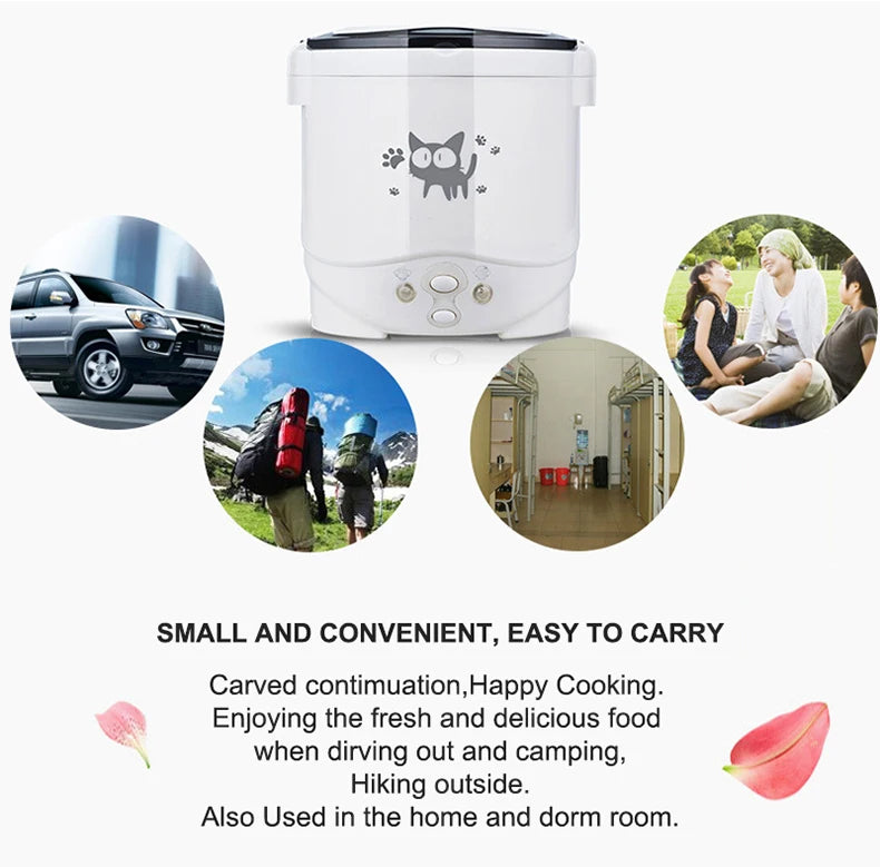 1L Car Mini Rice Cooker Multi-function Electric Water Food Heater Machine Lunch Box Warmer 2 Persons For Home Car SUV Truck