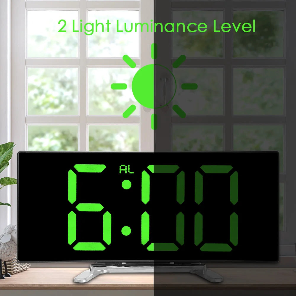 Curved Dimmable Mirror Clock Home Decors For Kids Bedroom 7 Inch Large Number Table Clock LED Screen Digital Alarm Clock
