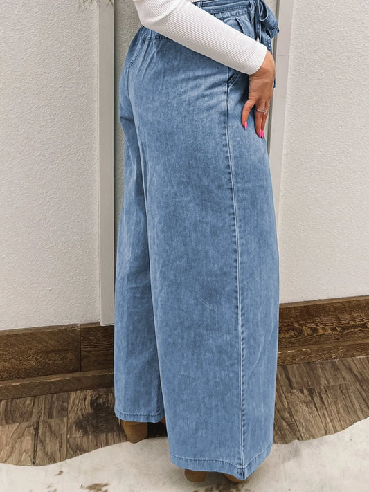 High Waisted Wide Leg Belted Jeans - Merit Sell