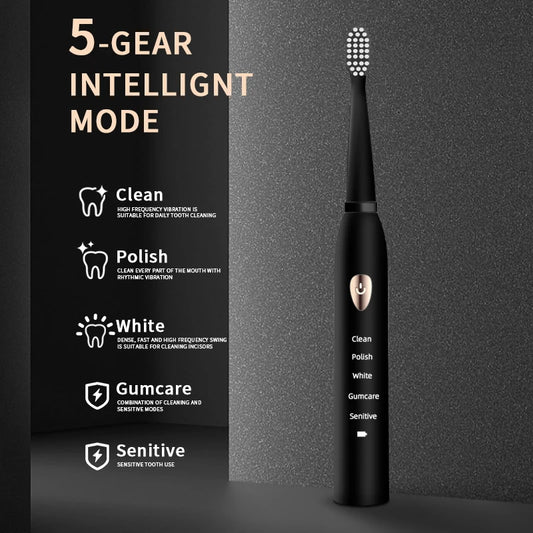 Jianpai Adult Black White Classic Acoustic Electric Toothbrush Adult 5-gear Mode USB Charging IPX7 Waterproof Acoustic Electric - Merit Sell