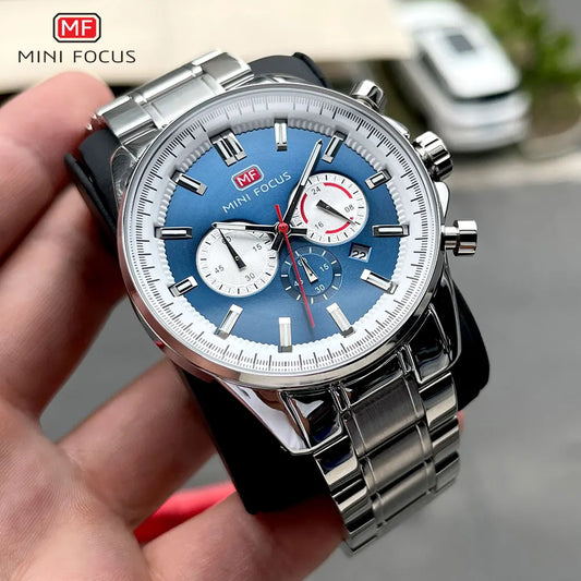 MINI FOCUS Chronograph Quartz Watch Men Silver Blue Waterproof Luminous Dress Wristwatch with Date Stainless Steel Strap 0469 - Merit Sell