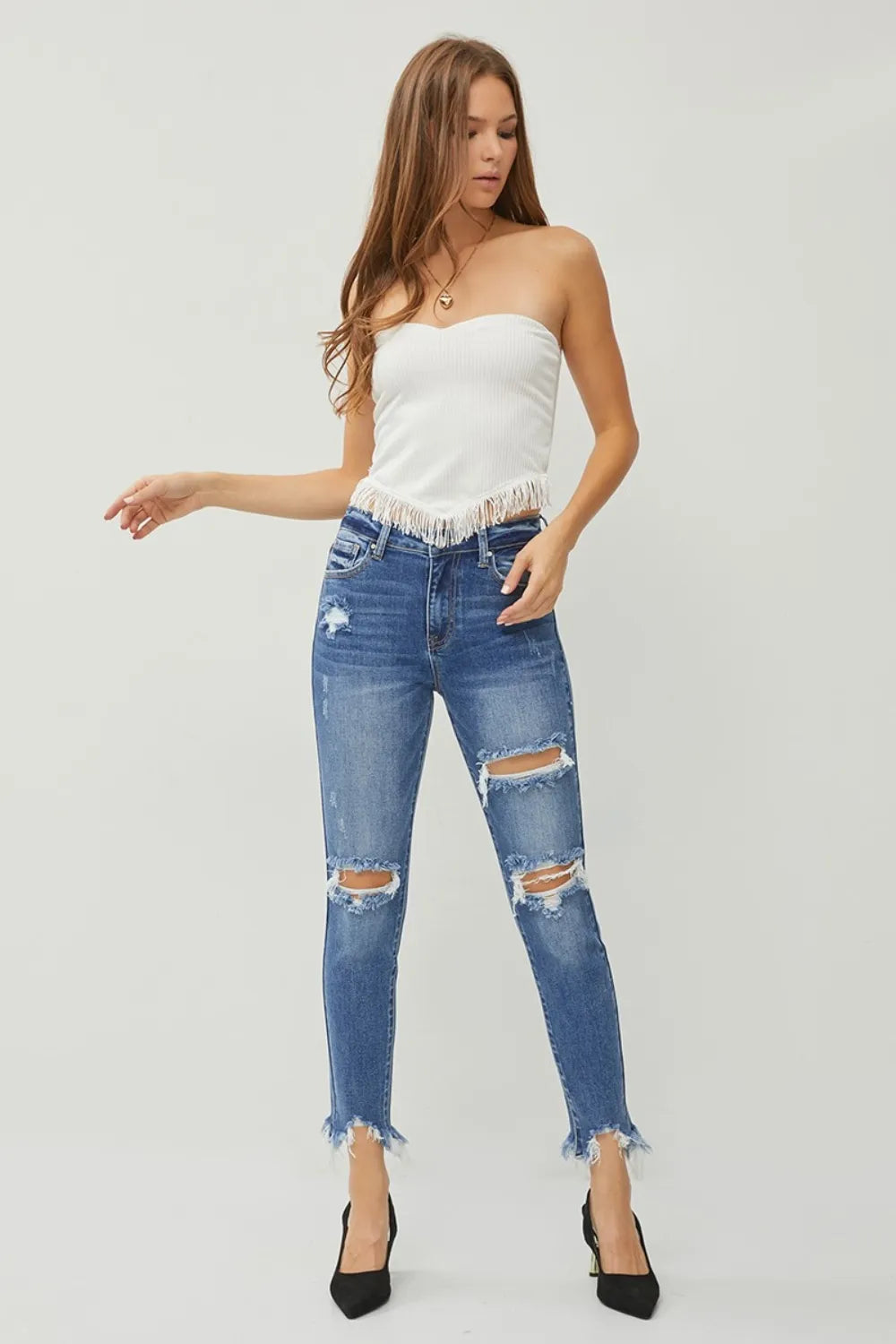 RISEN Distressed Frayed Hem Slim Jeans - Merit Sell