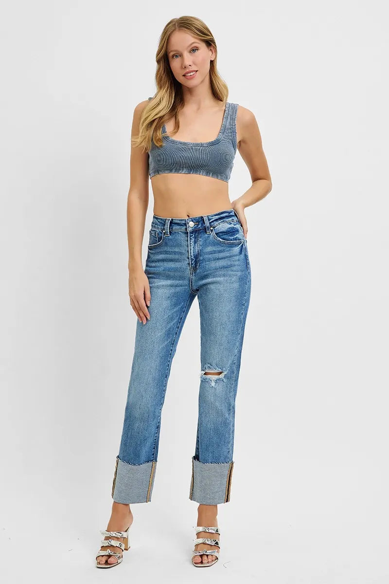 RISEN Full Size High Rise Ankle Straight Wide Cuffed Jeans Plus Size - Merit Sell